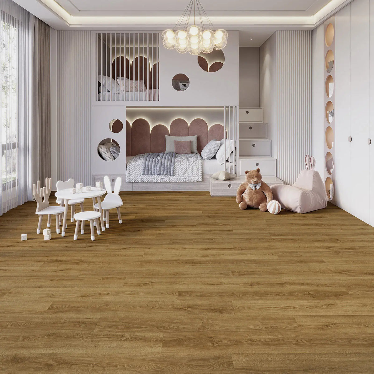 JOKA Design 555 Evolut Dryback 5905 Cognac Oak EIR Klebevinyl in einem hell eingerichteten Kinderzimmer