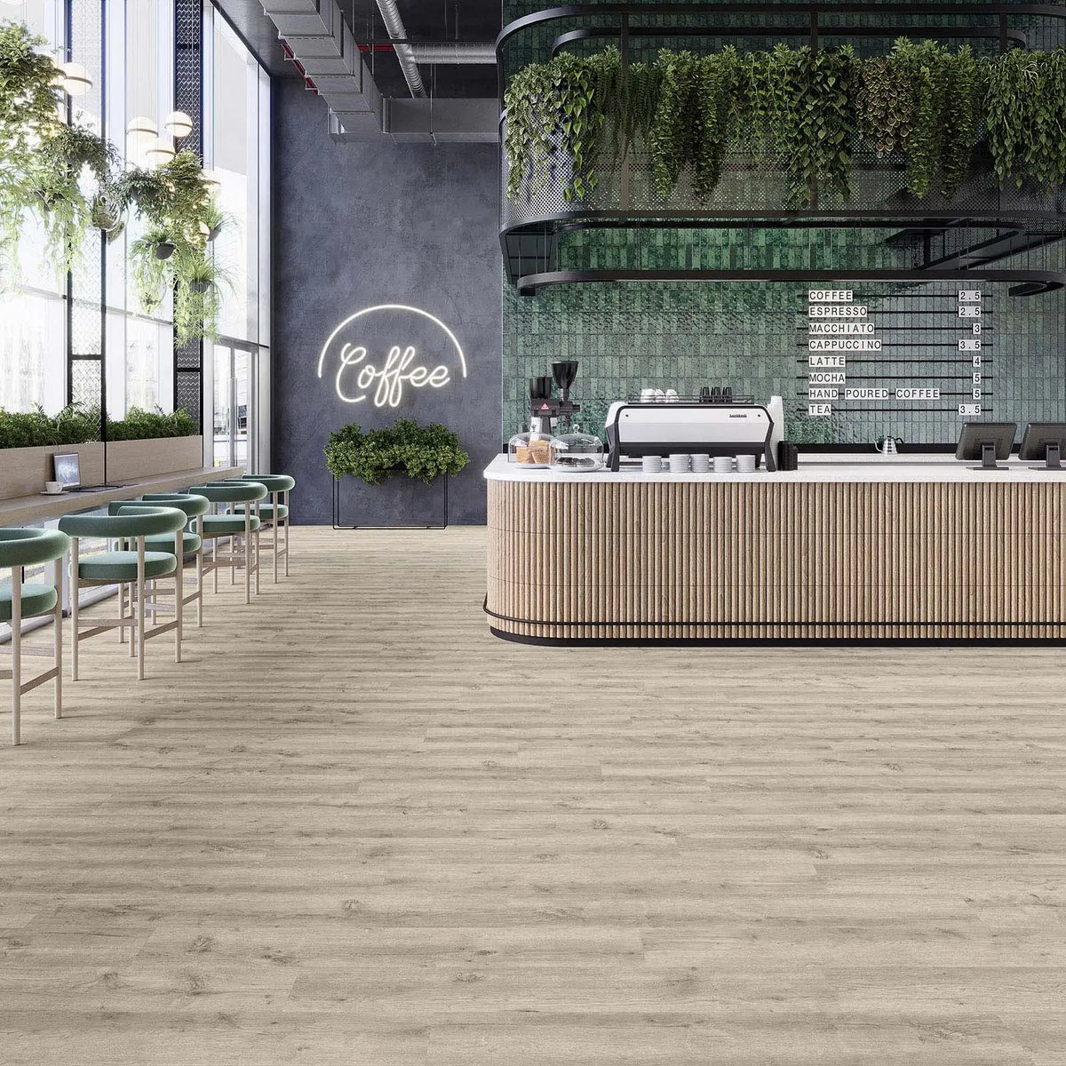 JOKA Design 555 Evolut Dryback 5909 Hazy Oak EIR Klebevinyl in einem modernen Café mit begrünter Wand