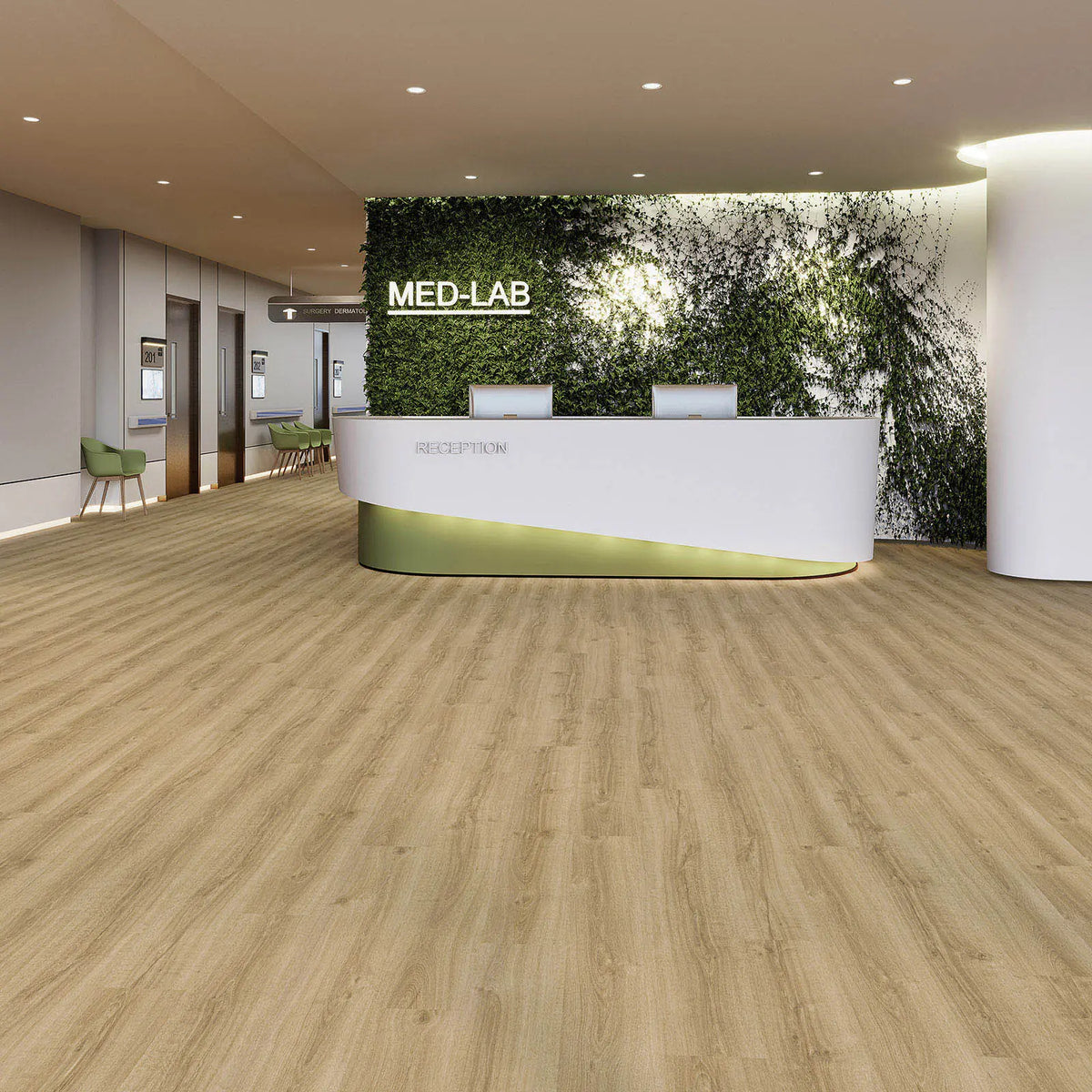 JOKA Design 555 Evolut Dryback 5914 Summer Oak Klebevinyl in einem hellen Empfangsbereich mit begrünter Wand