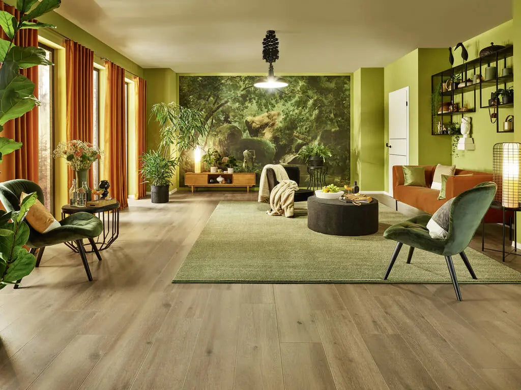 JOKA Xplora NEXT 833 Wide Timeless 8879 Oak rustic brown V4 als Raumbild im grünen Wohnzimmer